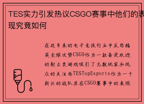 TES实力引发热议CSGO赛事中他们的表现究竟如何