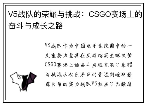 V5战队的荣耀与挑战：CSGO赛场上的奋斗与成长之路
