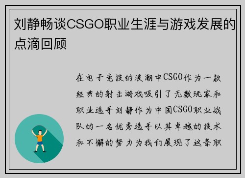 刘静畅谈CSGO职业生涯与游戏发展的点滴回顾
